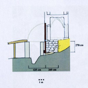 Lipnice nad Sázavou 2017. Sonda M10. Podélný řez situací vlčí jámy s mechanismem pro kolébkový padací most (podle Knápek - Macků - Vohryzek 2019, obr. 5).