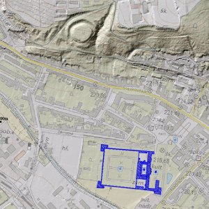 Obr. 3: Bučovice 2020: Hradisko – severozápadně od zámku se nachází někdejší raně středověká tvrze zaniklá na konci 13. stol. (zdroj geoportál ČÚZK – analýza výškopisu).
