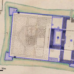 Obr. 4: Bučovice kolem 1700. Vektorový georeferencovaný plán půdorysu zámeckého areálu s přilehlým parkem (zpracoval P. Vitula) na rastrovém transformovaném podkladu kolorované perokresby z doby kolem roku 1700. Areál byl obehnán mohutným příkopem zavezeným až ve 20. letech 19. stol.