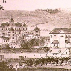 Obr. 22: Valtice – zámek – přelom 17. a 18. stol. Historické vyobrazení. anonym  – výřez z celkového zobrazení – pohled od SV.