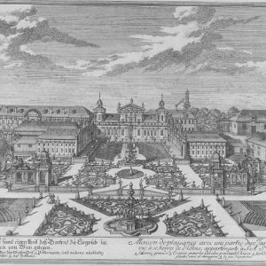 Obr. 9: Lednice – zámek 1720. Historické vyobrazení zřejmě nedobudované 
barokní fáze zámku – rytina – J. A. Delsenbach.
