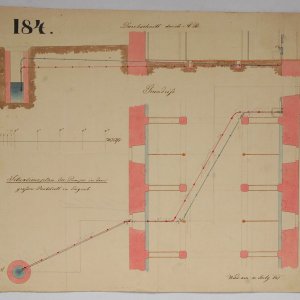 Obr. 92: Lednice – zámek 1847. Lokalita č. 1 – podlist 34-23-08/D1/E6. Historický plán s vyznačením polohy hledané novověké studny.