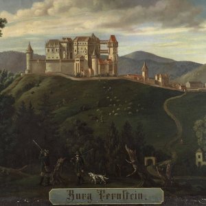 Obr. 16: Pernštejn – hrad 1557. Hstorické vyobrazení na vedutě – pohled od V.