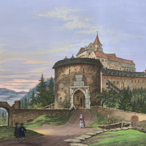 Obr. 20: Pernštejn – hrad – 19. stol. Historické vyobrazení barbakánu, bočního vstupu, sýpky a hradu – pohled od Z.