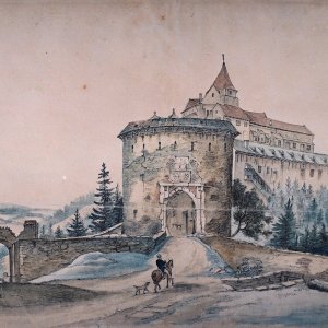 Obr. 24: Pernštejn – hrad – 19. stol. Historické vyobrazení barbakánu, bočního vstupu a hradu na kolorované perokresbě – pohled od SZ.