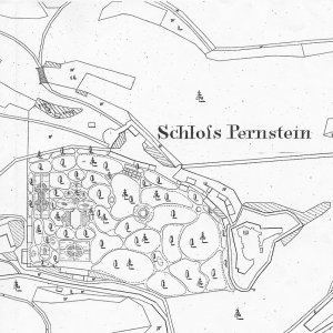 Obr. 33: Pernštejn – hrad – kolem roku 1920. Vyobrazení na katastrální mapě (zdroj ČÚZK).