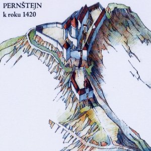 Obr. 39: Pernštejn – hrad – kolem roku 1420. Pravděpodobná kresebná rekonstrukce (podle P. Šimečka).