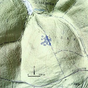 Ždánický les 2018. 222 - Heršpice 4 (okr. Vyškov) - trať Líčka - mohylové pohřebiště - dosud blíže nedatováno. Přesné  zaměření jednotlivých mohyl (modrá barva) pomocí totální geodetické stanice na mapovém podkladu Analýzy výškopisu 5G stínovaného reliéfu  (Zeměměřický úřad na Geoportálu ČÚZK).