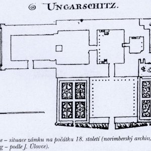 Obr. 9: Uherčice na poč,. 18. stol. Situace zámku (norimberský archiv, fond Reichstadt Nürnberk – podle J. Úlovce a M. Plačka – 2001).